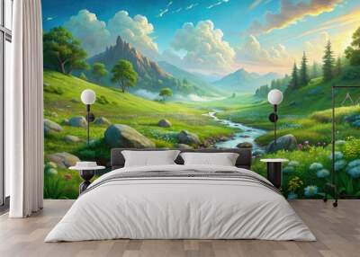 Peaceful green meadow with a flowing stream. Wall mural