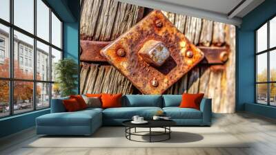 Rusted metal hinge on weathered wood. Wall mural