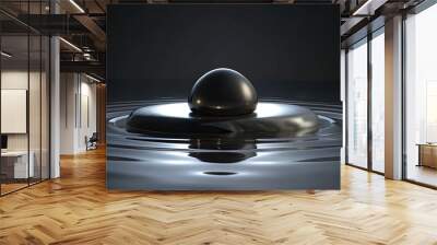 Shiny black droplet creates ripples on a still water surface. Wall mural