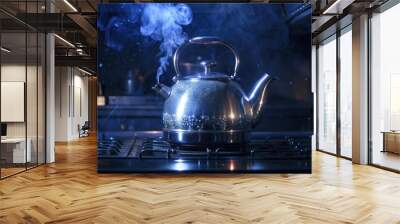 Silver kettle steaming on a stove in a cozy kitchen. Wall mural