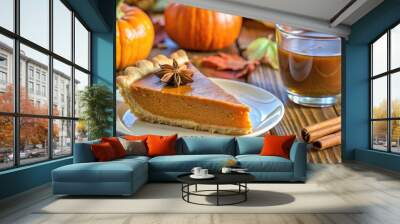 Slice of pumpkin pie with a cup of spiced tea. Wall mural