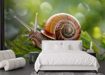 Snail crawling on a green leaf with bokeh background. Wall mural