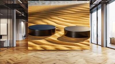 Two circular black metal discs arranged on a sunlit desert sandscape. Wall mural