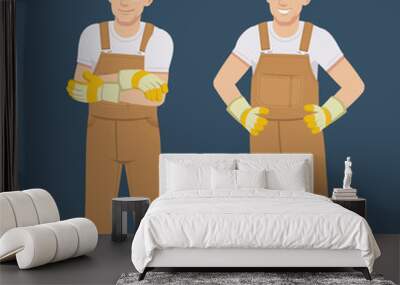 Worker Man in jumpsuit and safety helmet standing poses  Wall mural