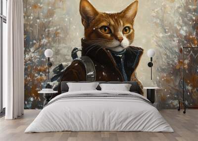 Abyssinian cat adventurer in the winter forest. Oil painting of cute pet, animal outfit. The generation of AI Wall mural