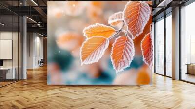 Beautifully colored nature with bright orange leaves covered with frost in late autumn or early winter. The generation of AI. Wall mural