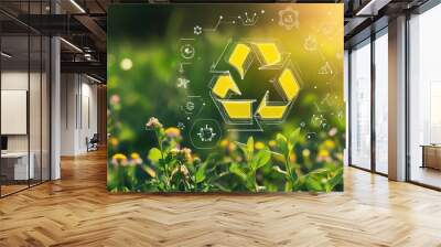 Circular economy icon on nature background. AI generated illustration. Wall mural