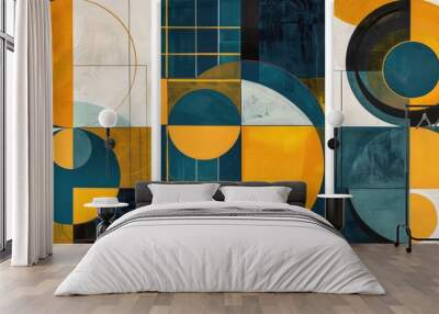 Geometric Abstract Wall Art Panels with Yellow and Blue Circles. AI generated illustration. Wall mural