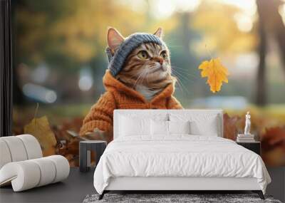 In the autumn park, the cat in autumn clothes changes the calendar of the autumn season. Ai generation Wall mural