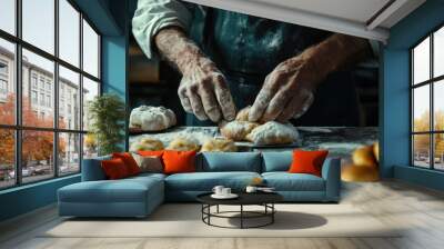 In the restaurant or home kitchen, the old hands of the baker prepare ecologically natural pastries. Ai generation Wall mural