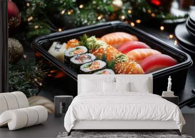 Sushi set in a black container with photo frame and Christmas attributes. AI generated illustration. Wall mural