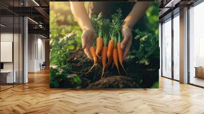 Vegetables in the hands of a female farmer in the garden, roots from the ground, good harvest from eco products. The generation of AI Wall mural