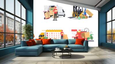 Exclusive Delivery bundle with people characters, Scooters, Truck, and Smartphone. Online order and couriers delivery at home, global shipping and local distribution, logistics situations.  Wall mural