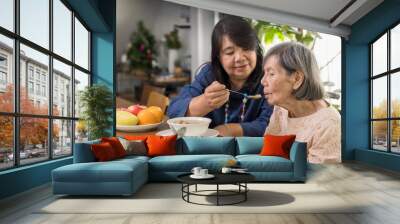 Daughter feeding elderly mother with soup. Wall mural