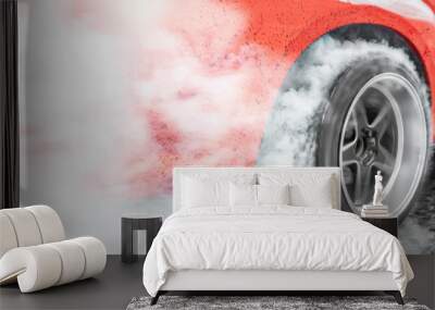 Drag racing car burns rubber off its tires in preparation for the race Wall mural