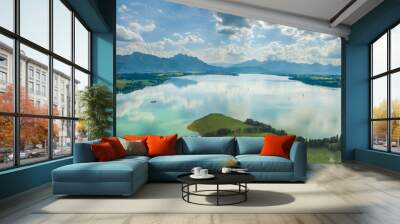 Aerial drone view of Forggensee close to Füssen during summer with the Alps in the background Wall mural