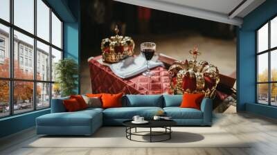 Pair of golden crowns n the church. Orthodox religious crowns. Wall mural