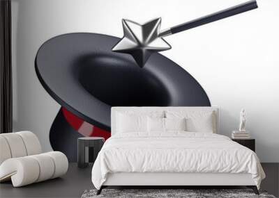 3d icon. magician's hat, black top hat, red ribbon, magic wand, silver star tip, minimalist design,  Wall mural