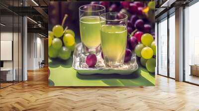 a glass of green grape juice on a green table indoors. Background includes pink plants, natural light, drink background Wall mural