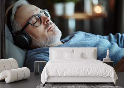 A middle-aged man wing glasses and headphones is lying on the sofa, relaxing with his eyes closed in an indoor environment.  Wall mural