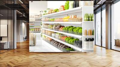 a supermarket narrow shelf mockup with 4 sections, where we clearly see that all the products like vegetables. Wall mural