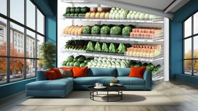 a supermarket narrow shelf mockup with 4 sections, where we clearly see that all the products like vegetables. Wall mural