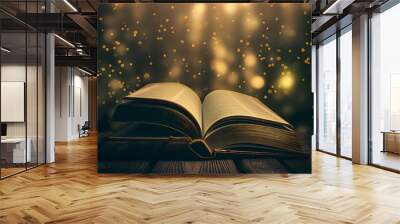 An ancient open magic book, perfect for an ancient book wallpaper against a dark mysterious background Wall mural