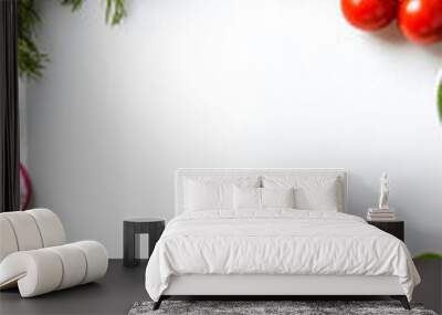 arrangement of food on a white background, with empty space in the center highlighting fresh vegetables Wall mural