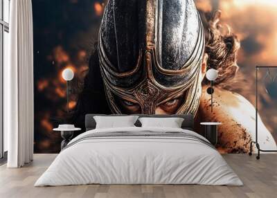 Cinematic still of a princess drawn in battle with a Greek female warrior. The princess has a beautiful face, with a golden helmet mask covering her eyes and mouth. Her long hair is blowing behind her Wall mural