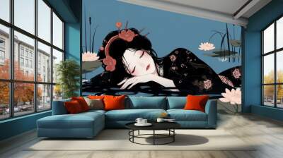 Illustration of geisha in kimono, Japanese girl in kimono, kimono girl, Japanese woman, geisha of the shogun, geisha illustration, illustration art, oriental art, Wall mural