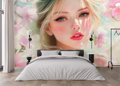 Romantic beauty wallpaper featuring a beautiful woman in a floral painting	
 Wall mural