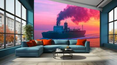 Shipping vessel navigating calm ocean waves at sunset, with smoke rising into the colorful skyline, blending industrial elements with serene seascape with copy space Wall mural