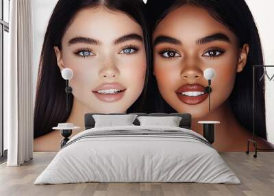 Two women with sleek, high ponytails are posed together against a soft, pure white backdrop,They are taking promotional photos for the hair salon. Wall mural