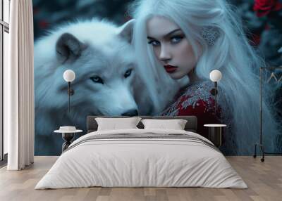 witch and white wolves, witch wearing in deep red dress, harmony with nature, dark gray nature background Wall mural