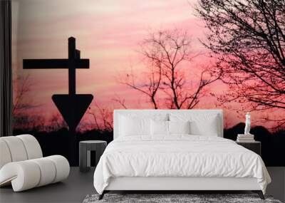 Pink Sunset Clouds Trees Street Signs Wall mural