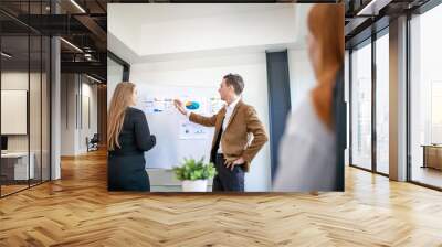 business team male and female colleagues talking at work share ideas with chart on board, Happy young presentation colleagues work together on board. Wall mural