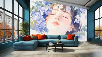 A serene portrait of a woman surrounded by delicate blue flowers, embodying tranquility and beauty in a soft watercolor style. Wall mural