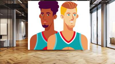 Basketball Teammates: A portrait of two basketball players, one with dark skin and an afro, the other with blond hair, both smiling and looking at the camera. Wall mural