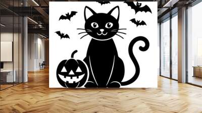 Black Cat Halloween:  Cute and festive, this black cat illustration is perfect for Halloween decorations, greeting cards, and social media posts. It features a friendly black cat with big eyes and a s Wall mural