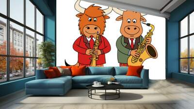 Bulls in the Band: A whimsical illustration of two stylish bulls, dressed in plaid pants and jackets, playing the saxophone and clarinet. The scene is vibrant and playful. Wall mural