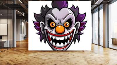 The Nightmare Under Your Bed: A chilling illustration of a cartoon clown, its grotesque grin and piercing eyes promising mischief and terror.  Wall mural