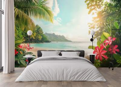 A beautiful beach with palm trees and a clear blue ocean Wall mural