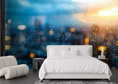 A city skyline with a bright sun in the background Wall mural