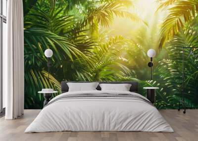 A lush green jungle with sunlight shining through the leaves Wall mural