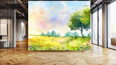 A painting of a field with two trees and a sky Wall mural