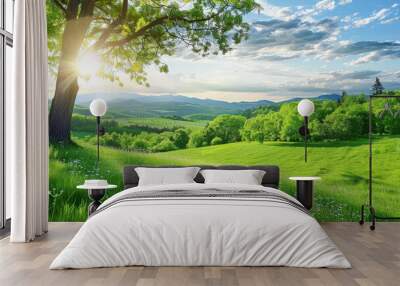 landscape, nature, meadow, rural, green, sky, grass, hill, forest, mountain Wall mural