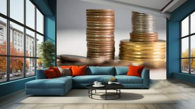 Close up  group of coins on blure background. Wall mural