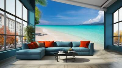 Tropical beach scene with crystal clear water, white sand, and a bright blue sky, Blue sky and white sand beach. Beautiful sea. Wall mural