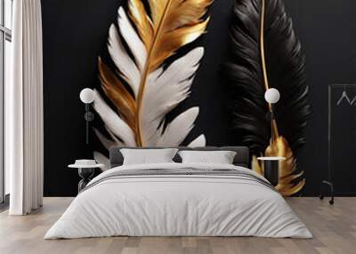 Two golden and white feather 3d rendering with dark black background. Wall mural