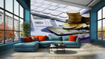 Finance concecpt - money, chart, coin, banknote, keyboard, fin tech Wall mural